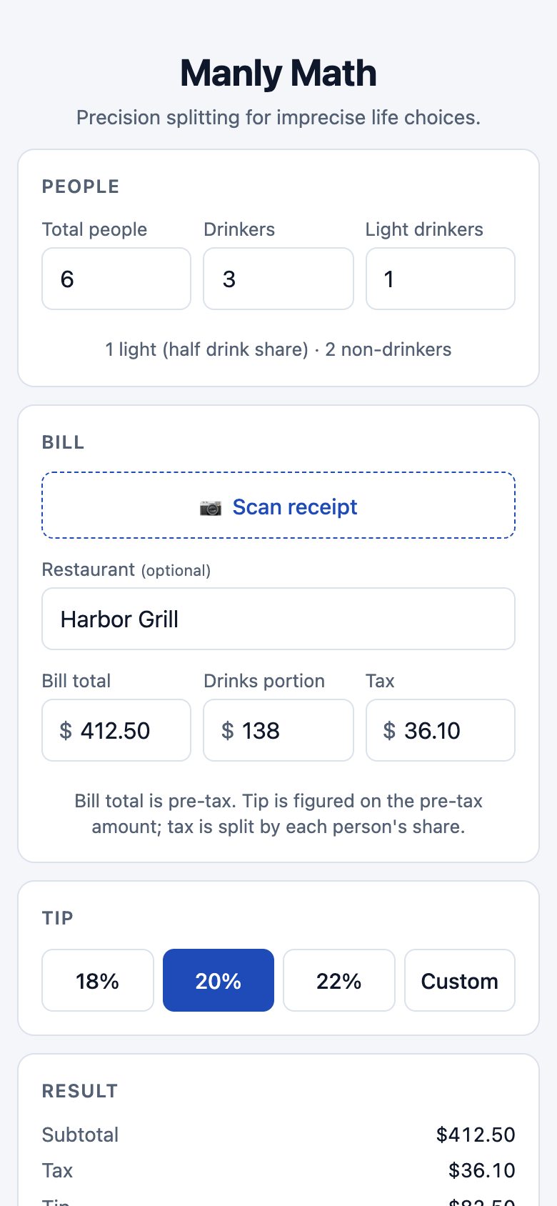 Manly Math with 6 people, 3 drinkers and 1 light drinker, and a $412.50 bill entered